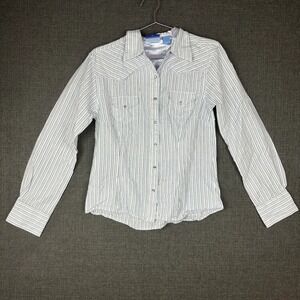 Nina Capri Western Shirt White Blue Striped Long Sleeve Button Down‎ Medium